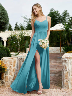 V-neck Spaghetti Straps Bridesmaid Dress With Slit Jade Plus Size