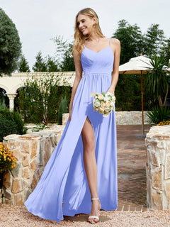 V-neck Spaghetti Straps Bridesmaid Dress With Slit Lavender