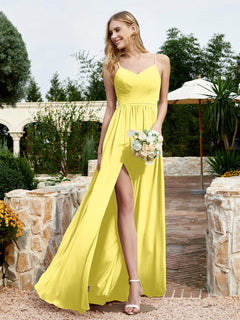 V-neck Spaghetti Straps Bridesmaid Dress With Slit Lemon Plus Size