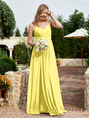 V-neck Spaghetti Straps Bridesmaid Dress With Slit Lemon