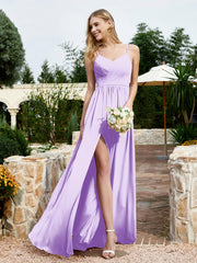 V-neck Spaghetti Straps Bridesmaid Dress With Slit Lilac Plus Size