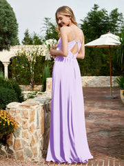 V-neck Spaghetti Straps Bridesmaid Dress With Slit Lilac