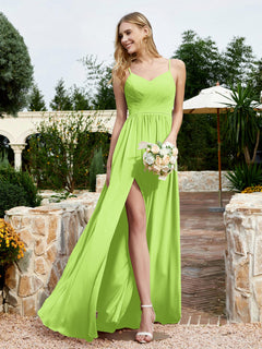 V-neck Spaghetti Straps Bridesmaid Dress With Slit Lime Green