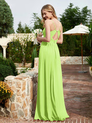 V-neck Spaghetti Straps Bridesmaid Dress With Slit Lime Green