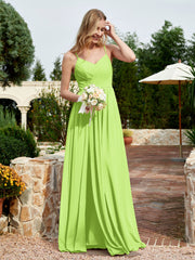 V-neck Spaghetti Straps Bridesmaid Dress With Slit Lime Green