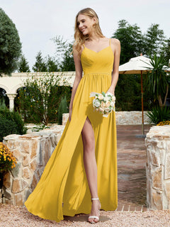 V-neck Spaghetti Straps Bridesmaid Dress With Slit Marigold