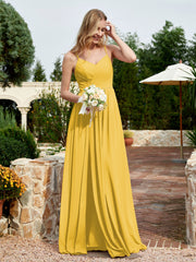 V-neck Spaghetti Straps Bridesmaid Dress With Slit Marigold