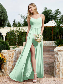 V-neck Spaghetti Straps Bridesmaid Dress With Slit Mint Green