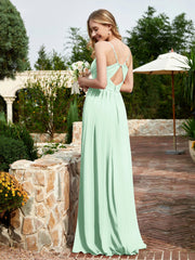 V-neck Spaghetti Straps Bridesmaid Dress With Slit Mint Green