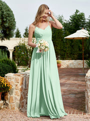 V-neck Spaghetti Straps Bridesmaid Dress With Slit Mint Green