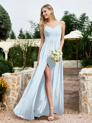 V-neck Spaghetti Straps Bridesmaid Dress With Slit Mist