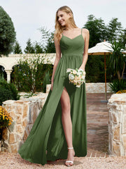 V-neck Spaghetti Straps Bridesmaid Dress With Slit Moss Plus Size