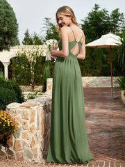 V-neck Spaghetti Straps Bridesmaid Dress With Slit Moss