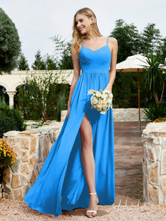 V-neck Spaghetti Straps Bridesmaid Dress With Slit Ocean Blue