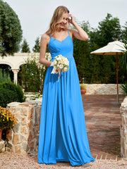 V-neck Spaghetti Straps Bridesmaid Dress With Slit Ocean Blue