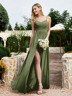 V-neck Spaghetti Straps Bridesmaid Dress With Slit Olive Green