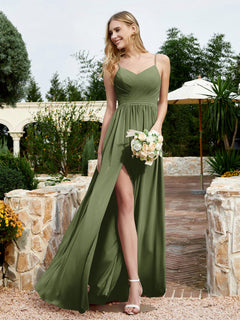 V-neck Spaghetti Straps Bridesmaid Dress With Slit Olive Green Plus Size