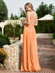 V-neck Spaghetti Straps Bridesmaid Dress With Slit Orange