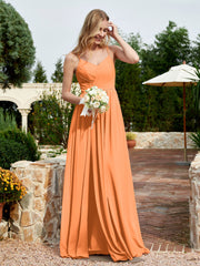 V-neck Spaghetti Straps Bridesmaid Dress With Slit Orange