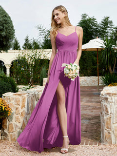V-neck Spaghetti Straps Bridesmaid Dress With Slit Orchid