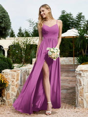 V-neck Spaghetti Straps Bridesmaid Dress With Slit Orchid