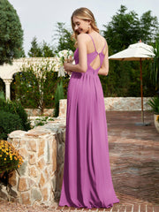 V-neck Spaghetti Straps Bridesmaid Dress With Slit Orchid
