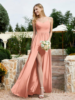 V-neck Spaghetti Straps Bridesmaid Dress With Slit Papaya Plus Size