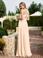 V-neck Spaghetti Straps Bridesmaid Dress With Slit Peach