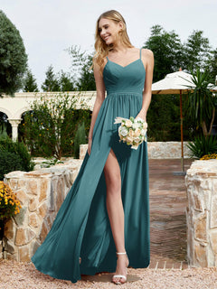 V-neck Spaghetti Straps Bridesmaid Dress With Slit Peacock Plus Size