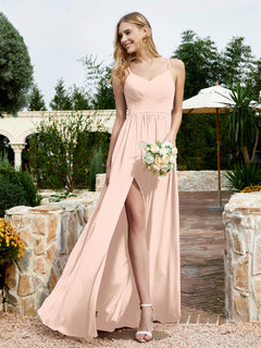 V-neck Spaghetti Straps Bridesmaid Dress With Slit Pearl Pink