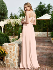 V-neck Spaghetti Straps Bridesmaid Dress With Slit Pearl Pink