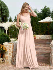 V-neck Spaghetti Straps Bridesmaid Dress With Slit Pearl Pink