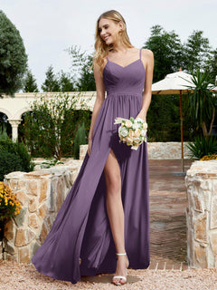 V-neck Spaghetti Straps Bridesmaid Dress With Slit Plum Plus Size