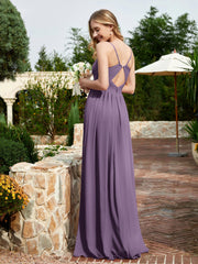 V-neck Spaghetti Straps Bridesmaid Dress With Slit Plum