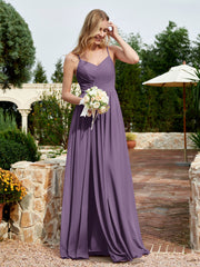 V-neck Spaghetti Straps Bridesmaid Dress With Slit Plum