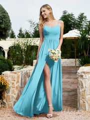 V-neck Spaghetti Straps Bridesmaid Dress With Slit Pool
