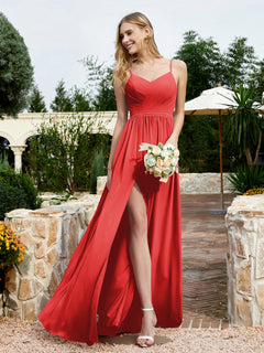 V-neck Spaghetti Straps Bridesmaid Dress With Slit Red