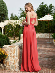 V-neck Spaghetti Straps Bridesmaid Dress With Slit Red