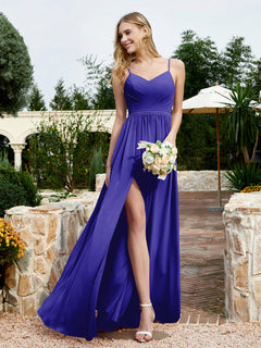 V-neck Spaghetti Straps Bridesmaid Dress With Slit Royal Blue Plus Size