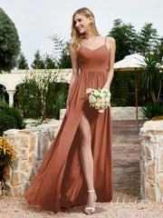 V-neck Spaghetti Straps Bridesmaid Dress With Slit Rust