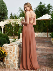 V-neck Spaghetti Straps Bridesmaid Dress With Slit Rust