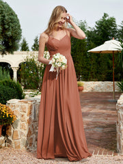 V-neck Spaghetti Straps Bridesmaid Dress With Slit Rust