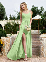 V-neck Spaghetti Straps Bridesmaid Dress With Slit Sage