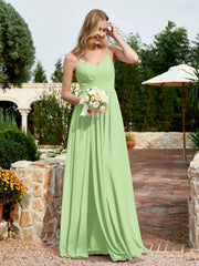 V-neck Spaghetti Straps Bridesmaid Dress With Slit Sage