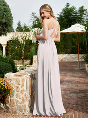 V-neck Spaghetti Straps Bridesmaid Dress With Slit Silver