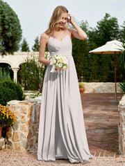 V-neck Spaghetti Straps Bridesmaid Dress With Slit Silver