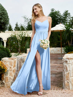 V-neck Spaghetti Straps Bridesmaid Dress With Slit Sky Blue Plus Size