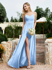 V-neck Spaghetti Straps Bridesmaid Dress With Slit Sky Blue