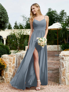 V-neck Spaghetti Straps Bridesmaid Dress With Slit Slate Blue Plus Size