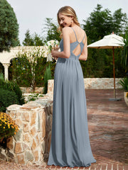 V-neck Spaghetti Straps Bridesmaid Dress With Slit Slate Blue